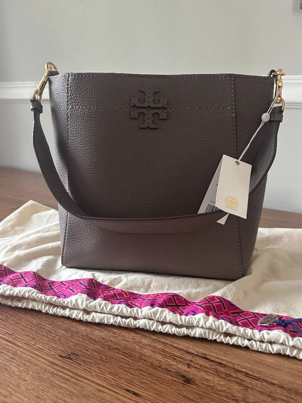 Tory Burch McGraw Hobo Bucket Back Silver Maple NWT